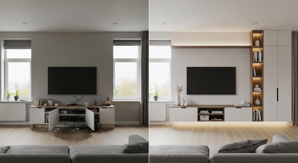 Custom living room cabinet with open shelves and drawers