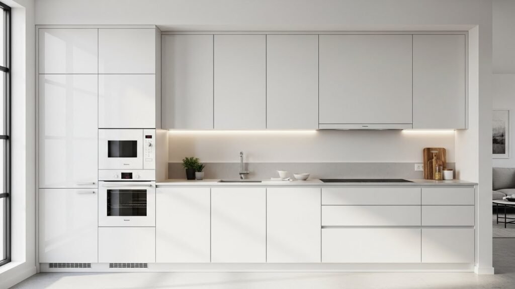 Modern one-wall I-shape kitchen cabinet design ideal for compact studio apartments.