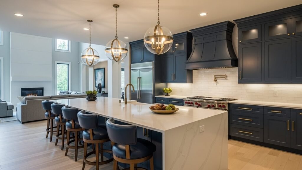 Luxury kitchen design with a central island serving as a social hub in an open plan.