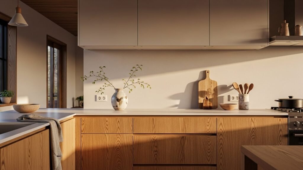 Warm oak wood grain kitchen cabinets designed in a cozy Japandi style.