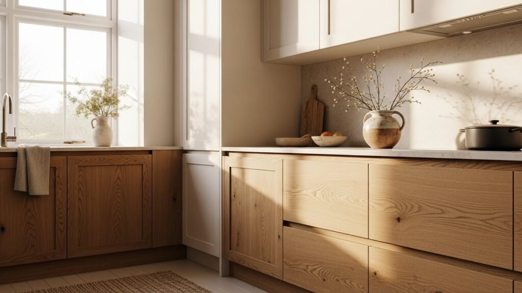 Warm oak wood grain kitchen cabinets designed in a cozy Japandi style.