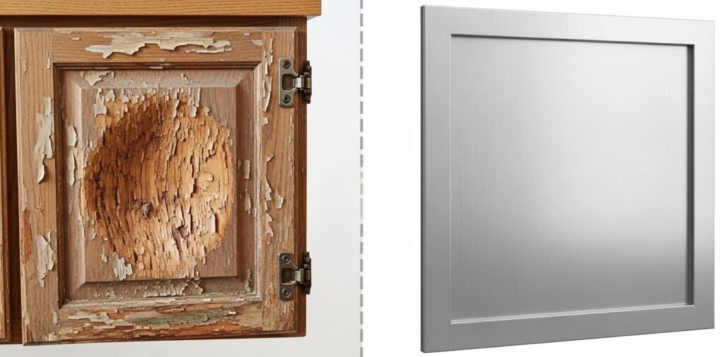 A visual comparison infographic. Left side: Swollen wooden wood caused by water. Right side: Pristine aluminium cabinet.