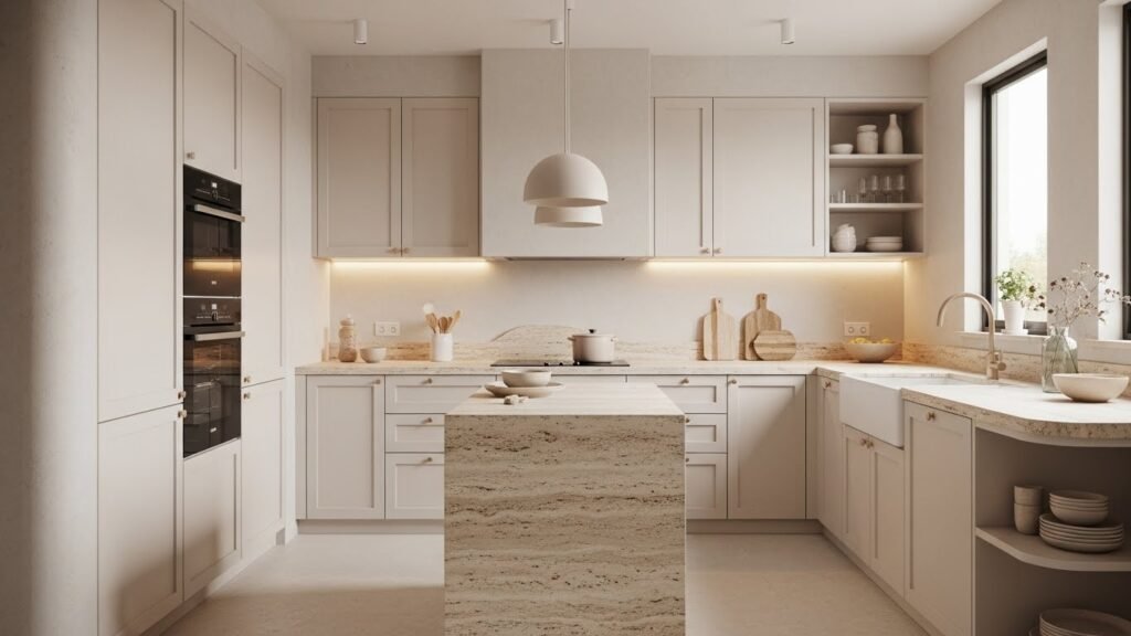Cream-colored Wabi-Sabi style kitchen with curved cabinetry and micro-cement textures.