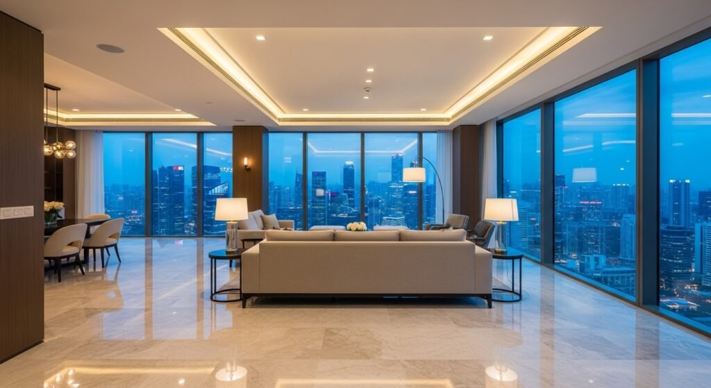 Modern luxury condo interior design Singapore with open concept living room and city view