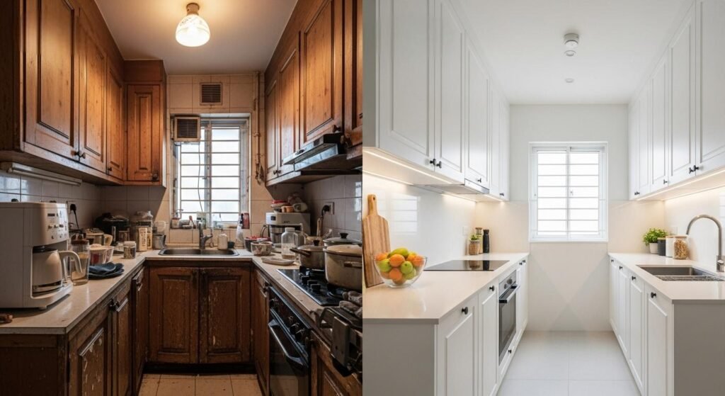 Singapore small kitchen before and after transformation showing narrow closed kitchen upgraded to an open concept layout with custom cabinetry.