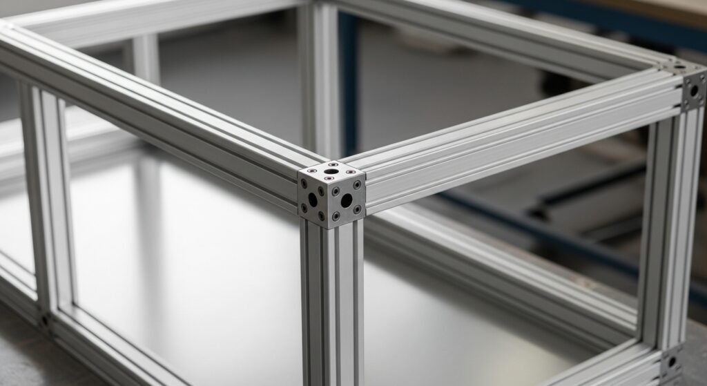 Close-up shot of the cabinet carcass structure, showing the aluminium joints and lack of wood.