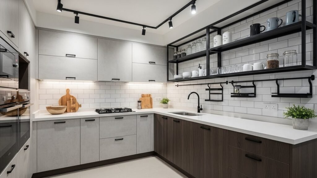 Modern industrial kitchen design featuring cement-look cabinets and black accents suitable for HDB BTO.