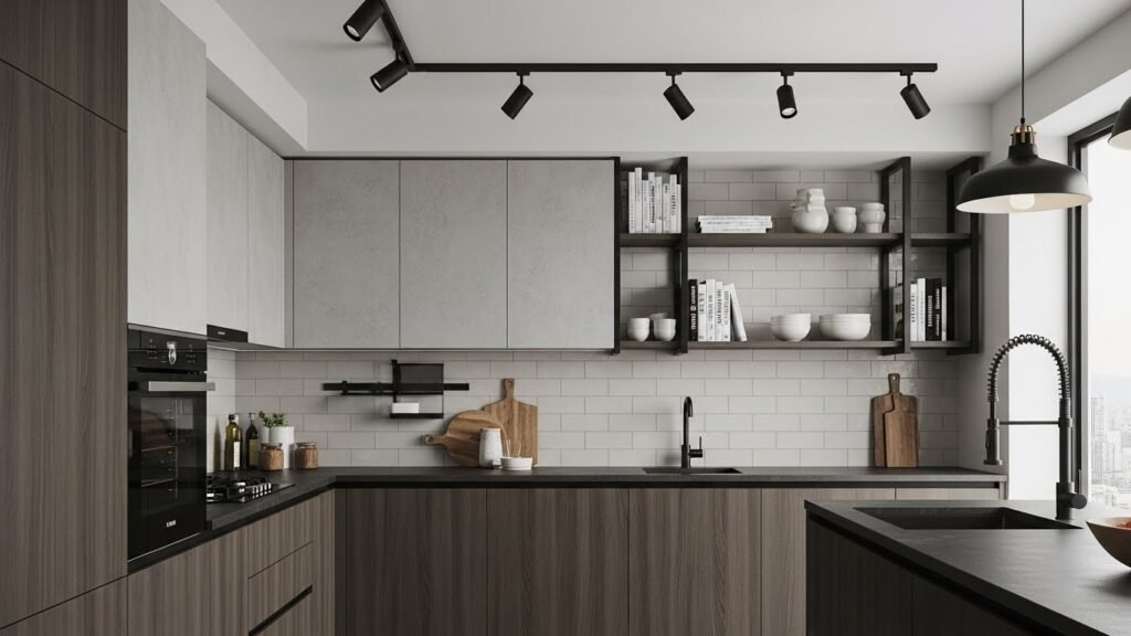Modern industrial kitchen design featuring cement-look cabinets and black accents suitable for HDB BTO.Modern industrial kitchen design featuring cement-look cabinets and black accents suitable for HDB BTO.