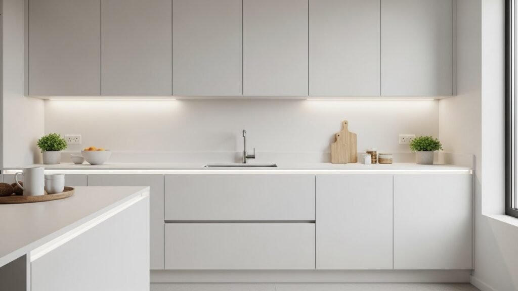 Sleek matte white handleless kitchen cabinets in a modern minimalist style.