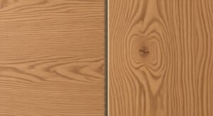 Close up of wood-grain aluminium texture next to real wood, showing they look almost identical.