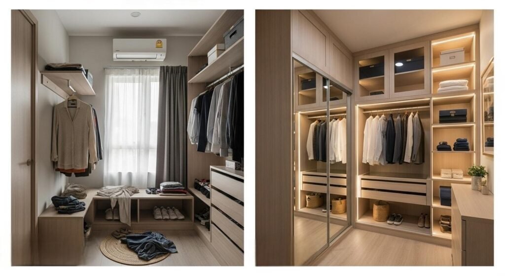 Malaysia walk-in closet renovation before and after showing cluttered storage upgraded to a custom built-in wardrobe with LED lighting.