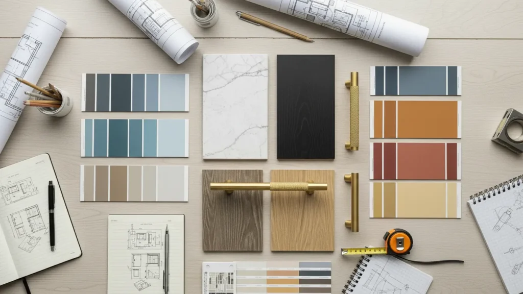 A selection of durable cabinet materials including quartz, lacquer, and brass hardware.