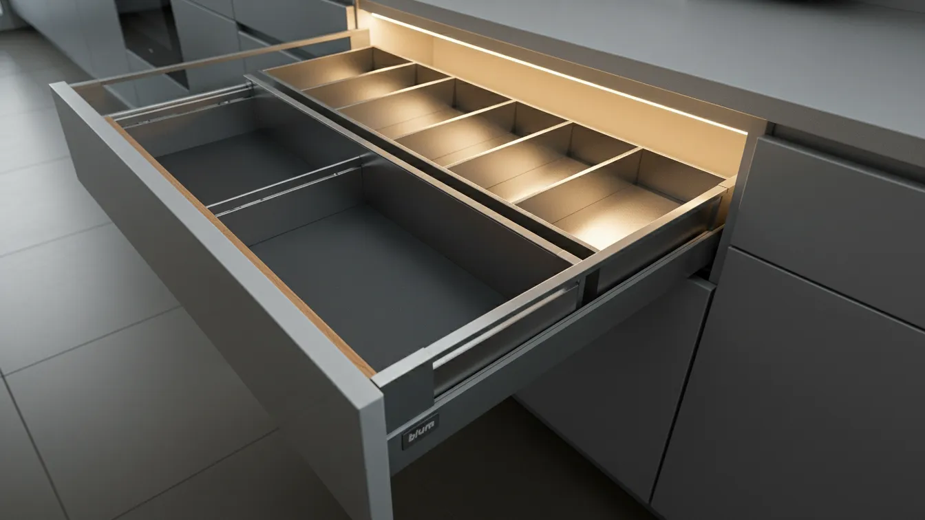 Deep custom kitchen drawers with specialized organizers for pots and pans.