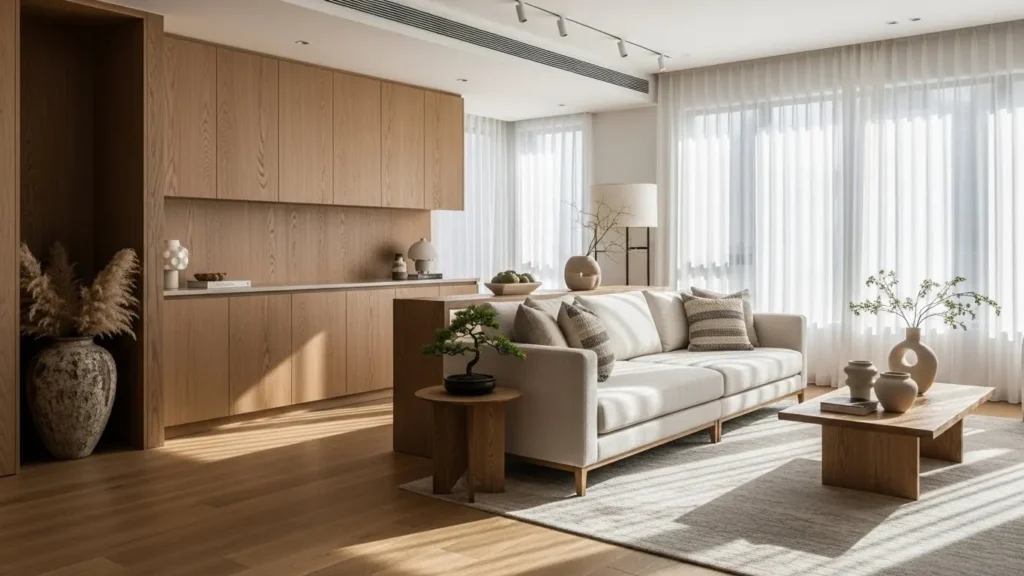 Modern Japandi style living room showcasing Turnkey Interior Design Solutions.